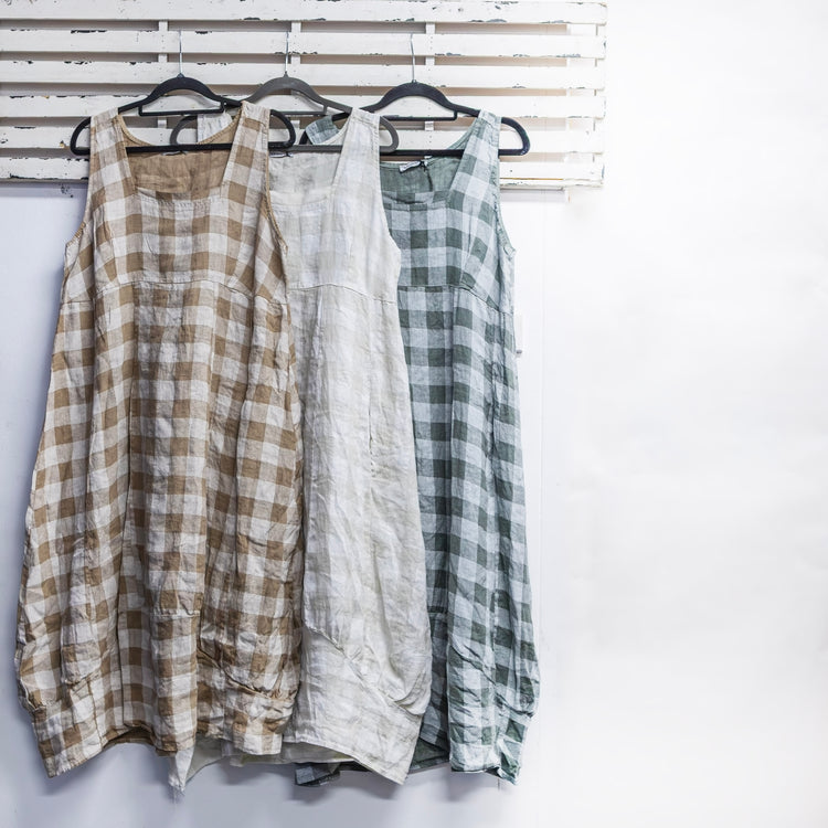 Khaki check linen dress with side pockets 2 per pack G223K