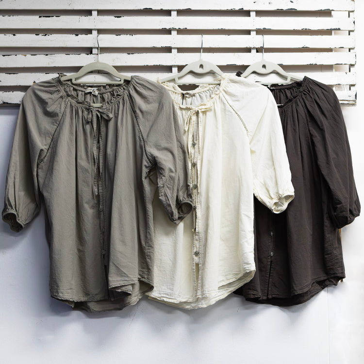 Chocolate cotton top with elastic neck and detailed 3/4 sleeves 2 per pack G28432CH