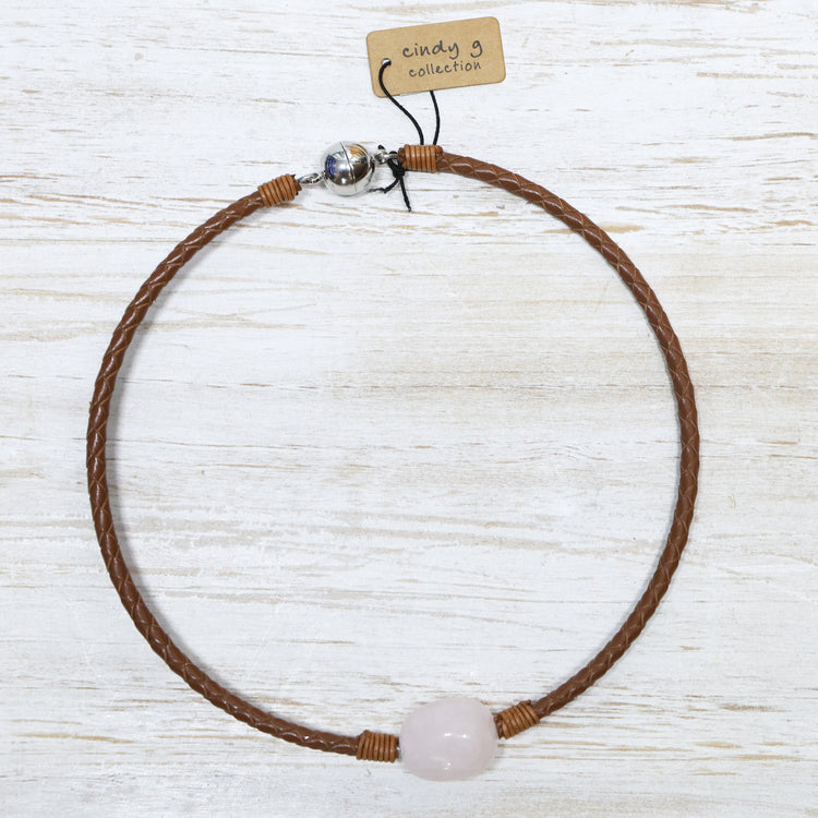 Tan leather chocker necklace with rose quartz charm and magnetic clasp 2 per pack G31556