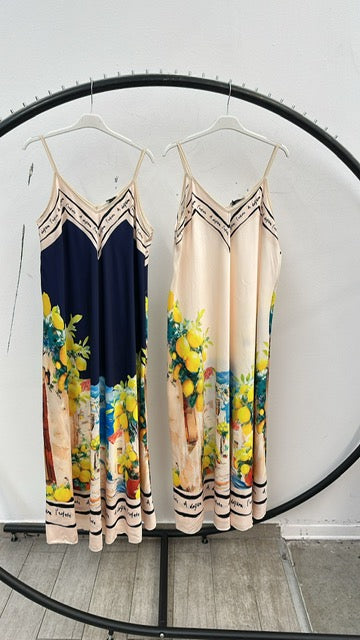 Cream silk blend dress with lemon print and shoe string straps 2 per pack G51223C