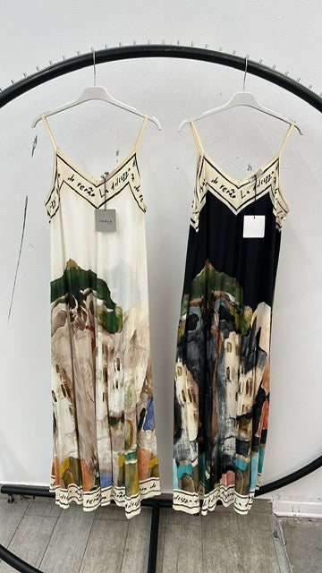 Cream and black silk blend shoe string land scape design print dress G51226CB