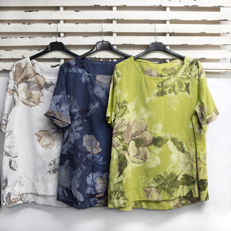Natural cotton flower print round neck top 2 per pack G96667N