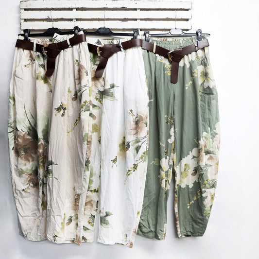 Khaki cotton flower print pants with pockets and belt 2 per pack G98036K