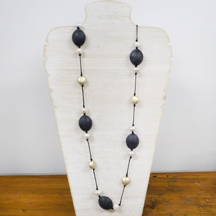 Cord necklace with black stone and pearl 2 per pack KFA92005
