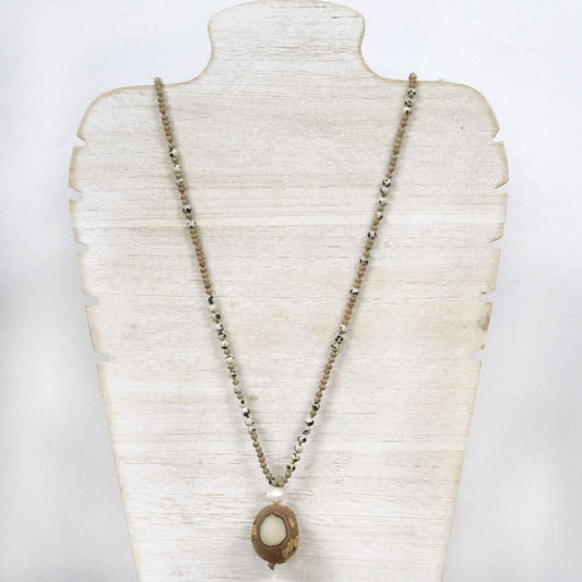 Marble and natural stone necklace with wood and pearl pendant 2 per pack  KFA98179