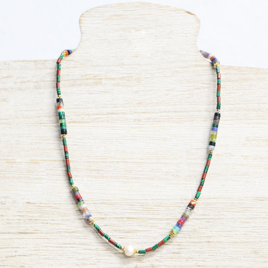 Coloured stone necklace with pearl and Rhodium plated detail 2 per pack    TFA61851