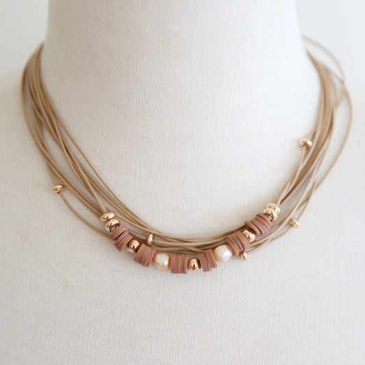 Multi layered short natural leather necklace with pearl antique gold charms and terracotta pieces with magnetic clasp 2 per pack