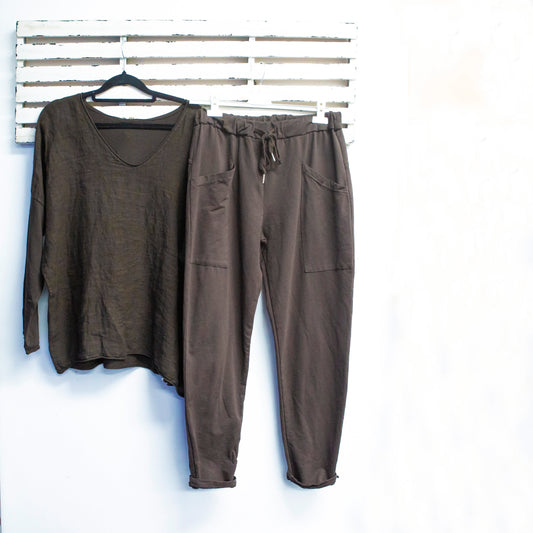 Khaki cotton draw string pants with pocket detail on the front and back 2 per pack   CGT044K