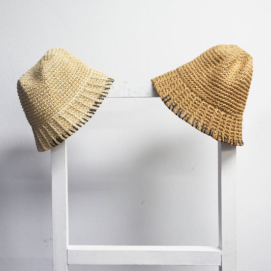 Beige raffia bucket style hat with black stitching 2 per pack CGS230B