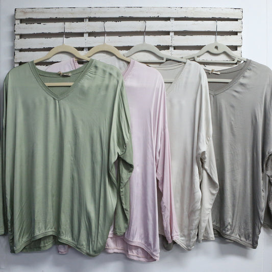 Khaki v neck long sleeve silk front and cotton back top 2 per pack CGT008K