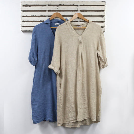 Beige linen v neck dress with collar and pockets 2 per pack