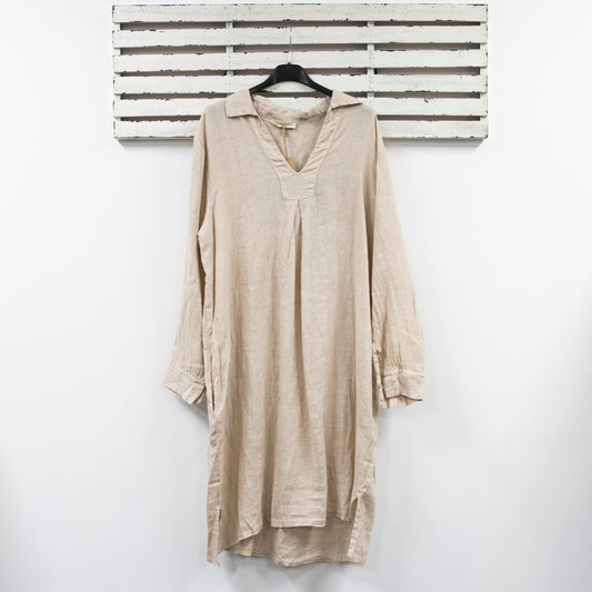 Beige linen short dress with v neck collar and long sleeves 2 per pack
