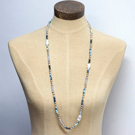 Teal and grey crystal and pearl long necklace 2 per pack           FX901490