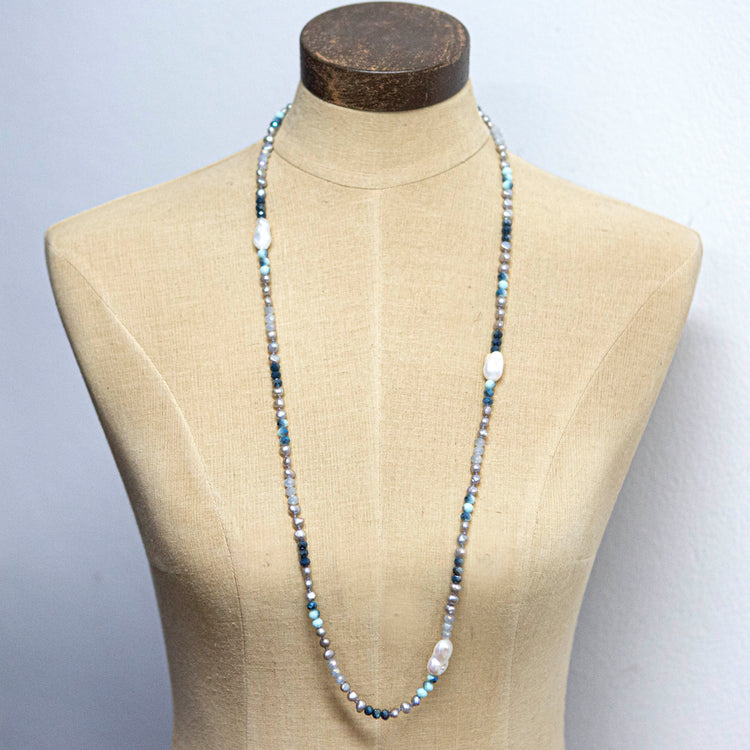 Teal and grey crystal and pearl long necklace 2 per pack FX901490
