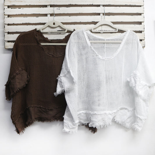 Chocolate cotton net top with fray detail 2 per pack  CC11932CH
