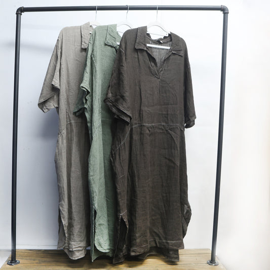 Chocolate linen dress with v neck collar side pockets and slits 2 per pack CE84983CH