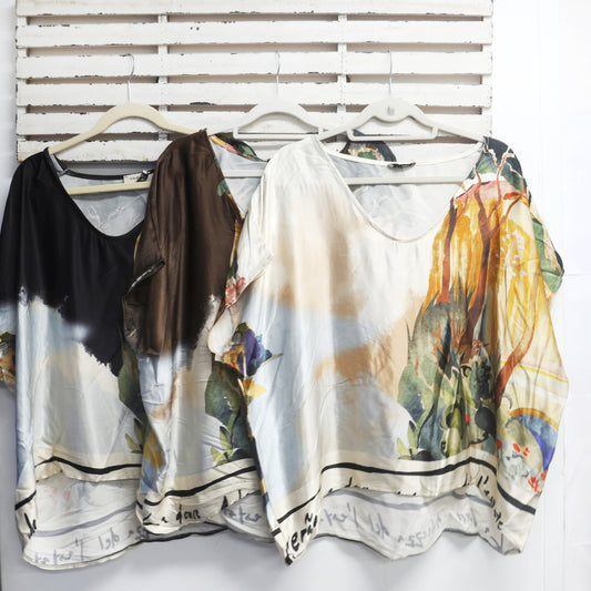 Black silk blend french print v neck top 2 per pack             CE9749BL