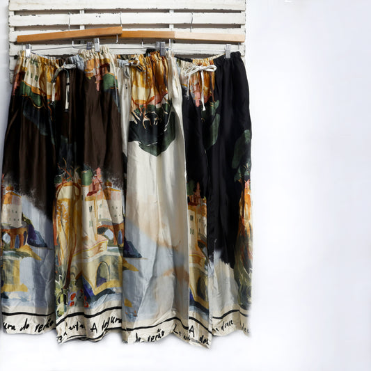 Black silk blend french print draw string pants 2 per pack  CE9826BL