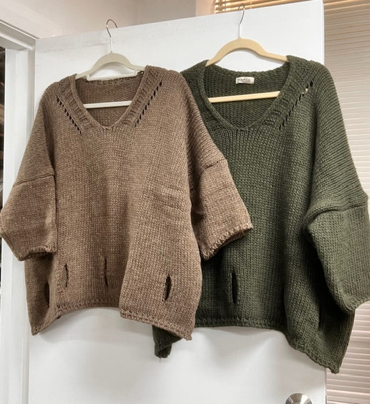 Chocolate wool blend v neck jumper with cut out detail and 3/4 sleeve 2 per pack  CGC017CH