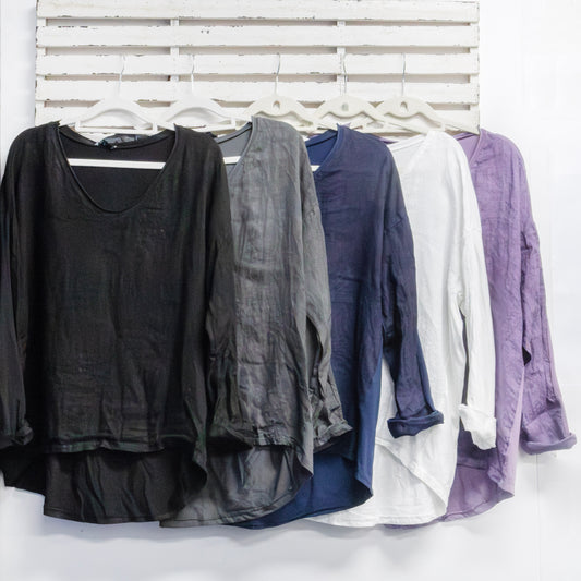 Black cotton back and linen front v neck top with long sleeves 2 per pack CGA040B