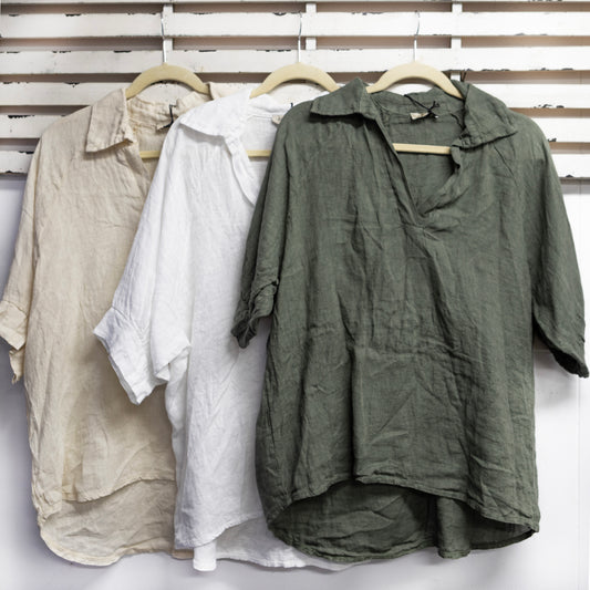 Cream linen top with v neck and collar 2 per pack                   CGM015CR