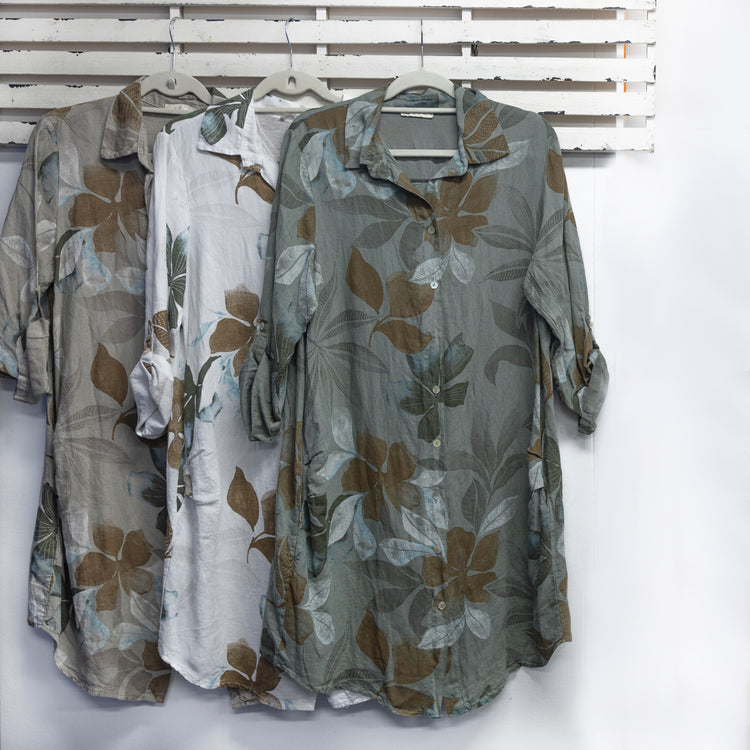 Khaki linen leaf print shirt dress with side pockets 2 per pack           CGM020K