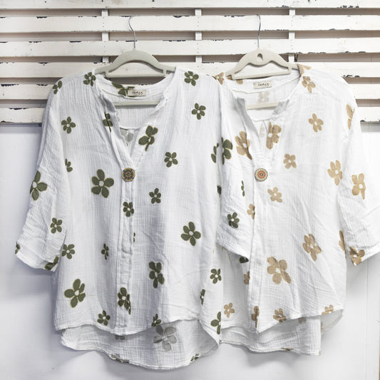 White and khaki flower design cotton top with button 2 per pack      CGM032WK