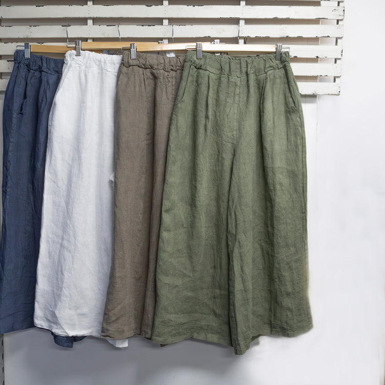 Green linen wide leg elastic waist pants with pockets 2 per pack     CGM037G