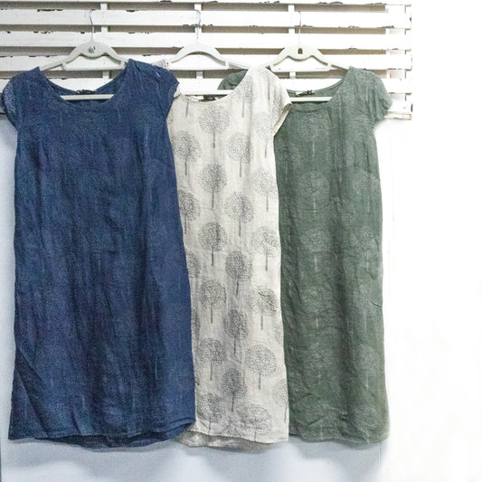 Green linen sleeveless dress with tree print 2 per pack                     CGM004G