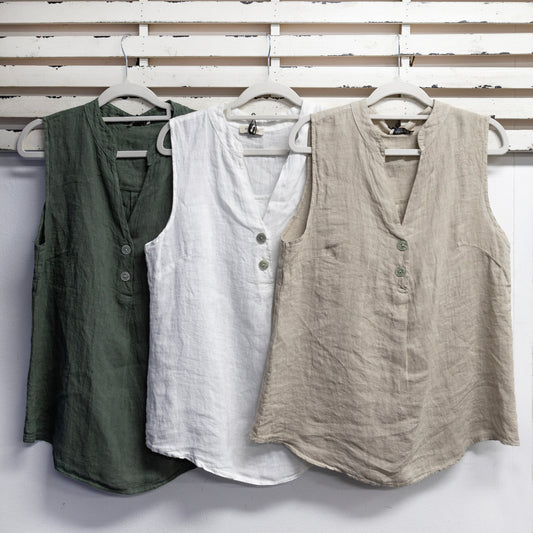 Khaki sleeveless linen top with buttons 2 per                       CGM083K