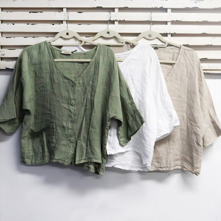 Green linen button top with v neck and pocket detail 2 per pack    CGM099G