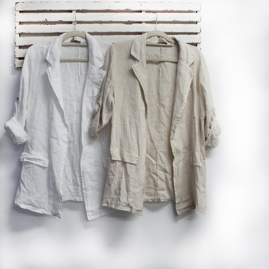 Natural linen jacket with pockets and roll up sleeves 2 per pack         CGX447N