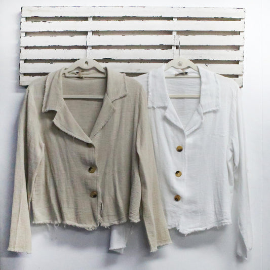 White woven linen jacket with collar buttons and frey detail 2 per pack   CGX651W