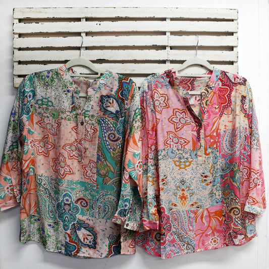 Blue tone detail silk cotton top with round neck and buttons 2 per pack CN845B