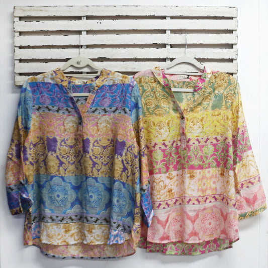 Blue tone detail silk cotton top with round neck and buttons 2 per pack CN845B