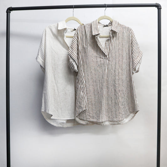 Chocolate cotton linen stripe v neck top 2 per pack CO22236CH