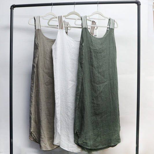 Fawn linen dress with front pockets and stripe straps 2 per pack  CO6111F