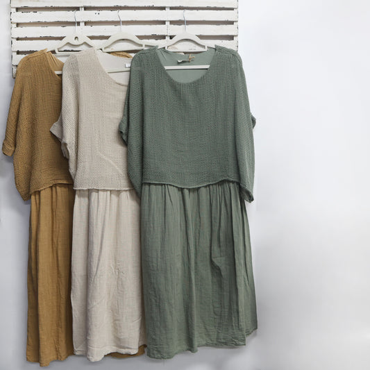 Tan cotton dress with round neck and cotton net overlay 2 per pack  CT19056T