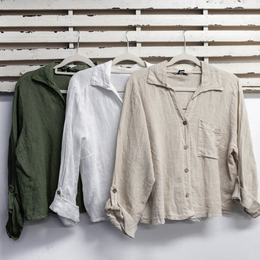 Khaki linen button shirt with v neck collar and pocket 2 per pack  CT5326K