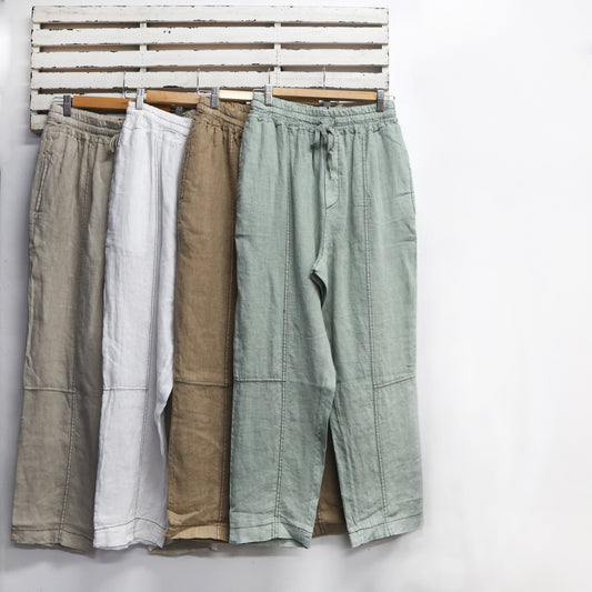 Khaki linen draw string pants with pockets and black stitching 2 per pack CU317K