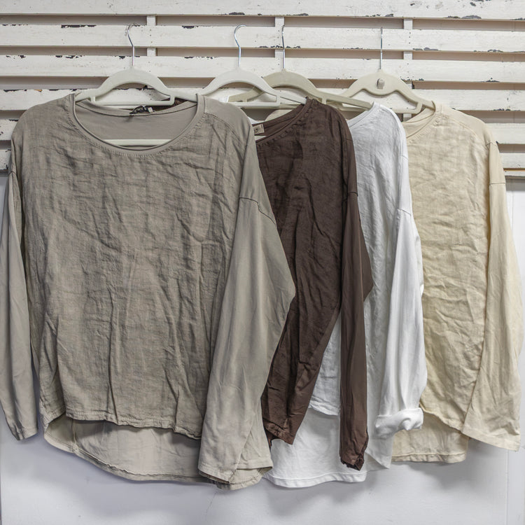 Tan cotton and linen round neck top with long sleeves 2 per pack CX027T