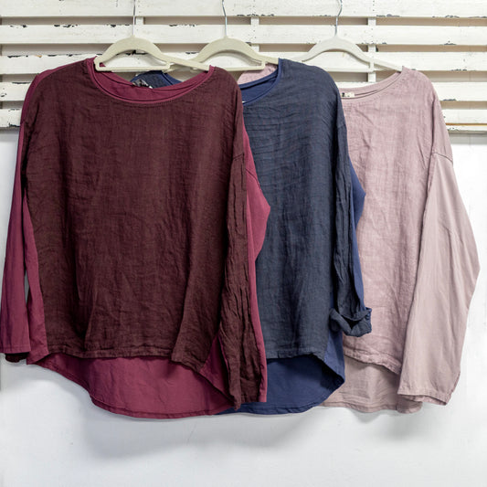 Tan cotton and linen round neck top with long sleeves 2 per pack CX027T