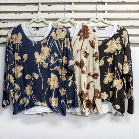 Chocolate viscose blend print top with singlet 2 per pack    CX25321CH