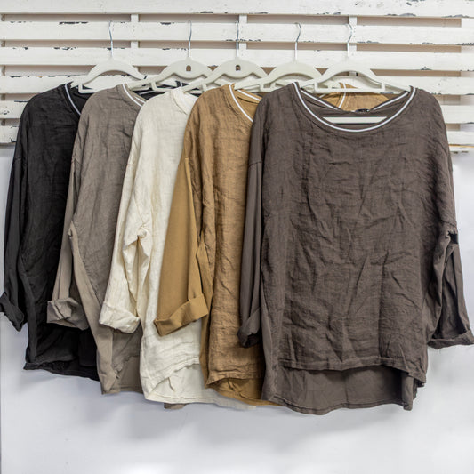 Black linen front cotton back round neck detail long sleeve top 2 per pack CX25882B