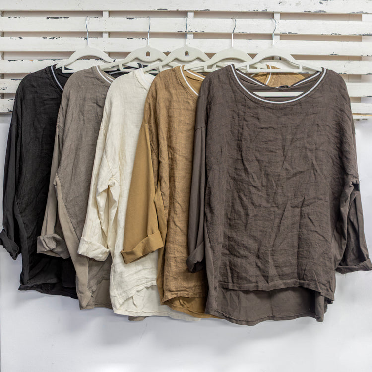 Black linen front cotton back round neck detail long sleeve top 2 per pack CX25882B