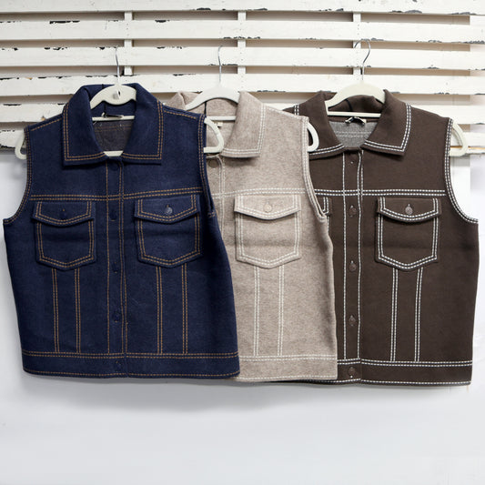 Chocolate wool blend sleeveless buttoned jacket with pockets and white stitching 2 per pack