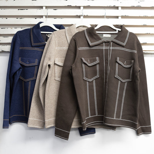 Chocolate wool blend buttoned jacket with pockets and white stitching 2 per pack CX770115CH