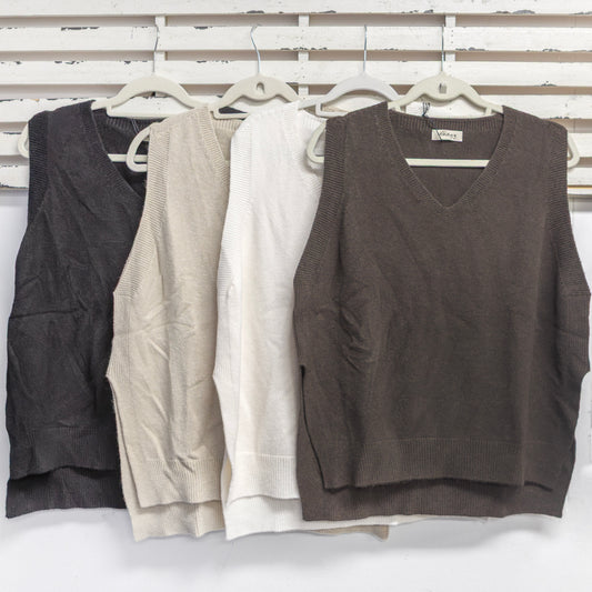 Black sleeveless viscose blend knit with v neck and slits 2 per pack CX8422B