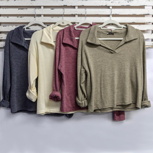 Cream viscose blend v neck knit with collar and long sleeves 2 per pack  CX85322C