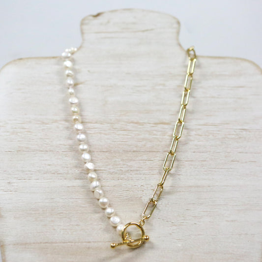Pearl necklace with gold link chain and fob 2 per pack             FJ011N